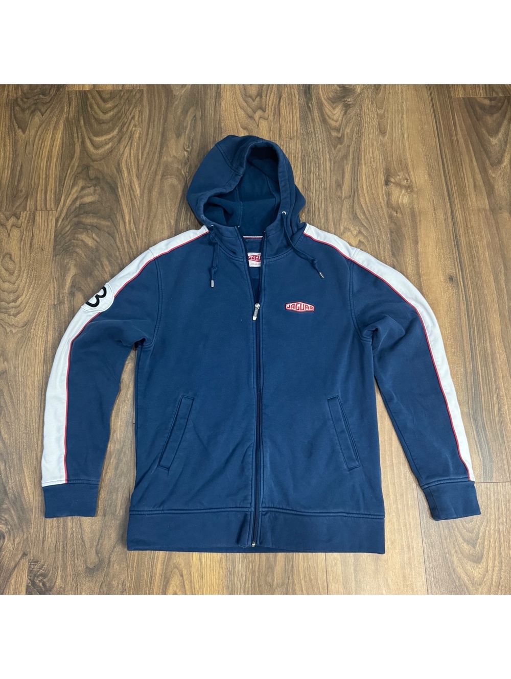 Jaguar Heritage Full Zip Hoodie Men’s Medium Blue Racing Stripe Sweatshirt Logo